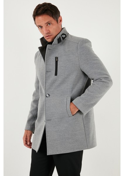 Slim Fit Düğmeli Dik Yaka Kaşe Kaban Erkek Kaban 5840099