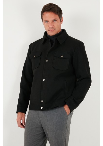 Slim Fit Ceket Yaka Astarlı Kaşe Kaban Erkek Kaban 58400347