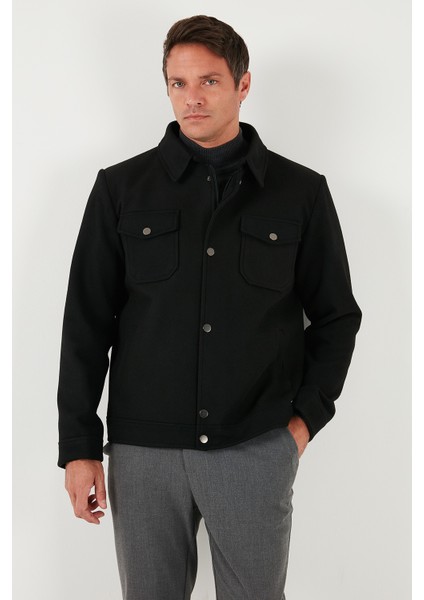 Slim Fit Ceket Yaka Astarlı Kaşe Kaban Erkek Kaban 58400347