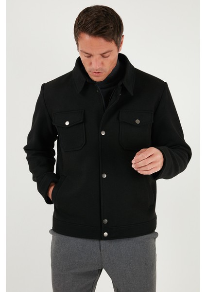 Slim Fit Ceket Yaka Astarlı Kaşe Kaban Erkek Kaban 58400347