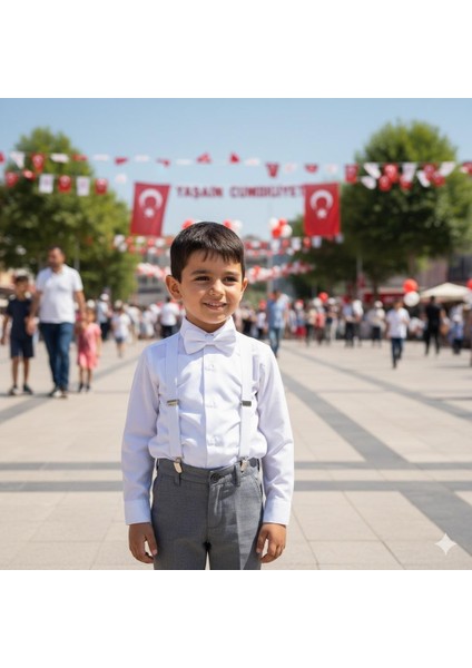 Erkek Çocuk Beyaz Renk Lastikli Ayarlanabilir Pantolon Askısı ve Papyon Takımı Mat (1-8 YAŞ )