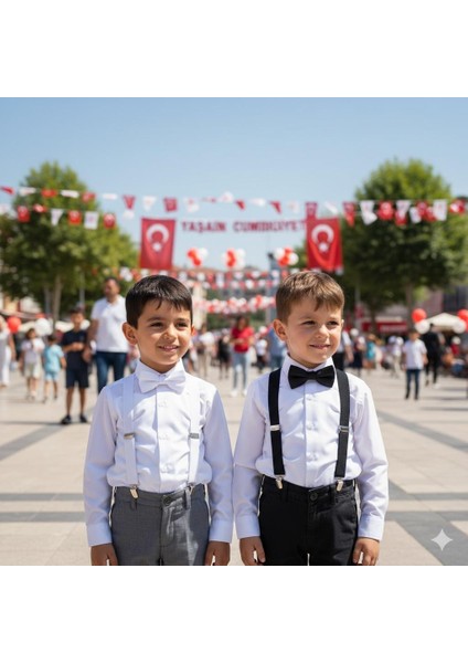 Erkek Çocuk Beyaz Renk Lastikli Ayarlanabilir Pantolon Askısı ve Papyon Takımı Mat (1-8 YAŞ ) modelleri