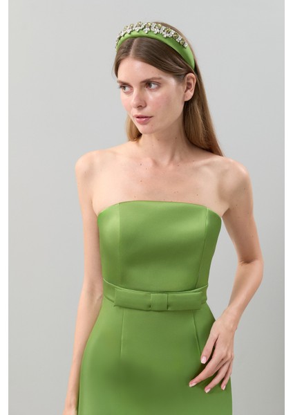 Straplez Saten Midi Boy Elbise Yeşil K2511519_012