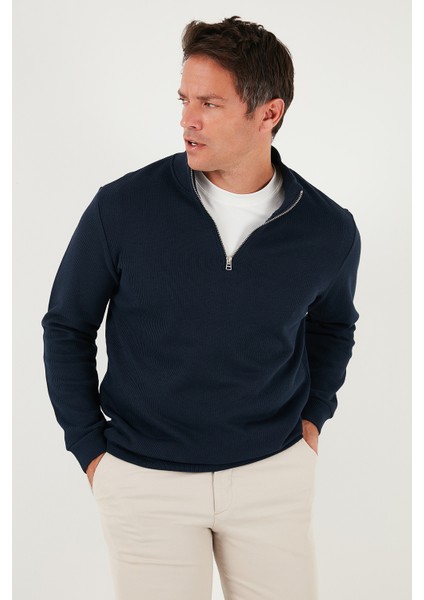 Pamuklu Relaxed Fit Yarım Fermuarlı Sıfır Yaka Örme Sweat Erkek Sweat 5901076