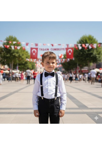 Erkek Çocuk Siyah Renk Ayarlanabilen Lastikli Pantolon Askısı ve Papyon Takımı Mat (1-8 YAŞ)