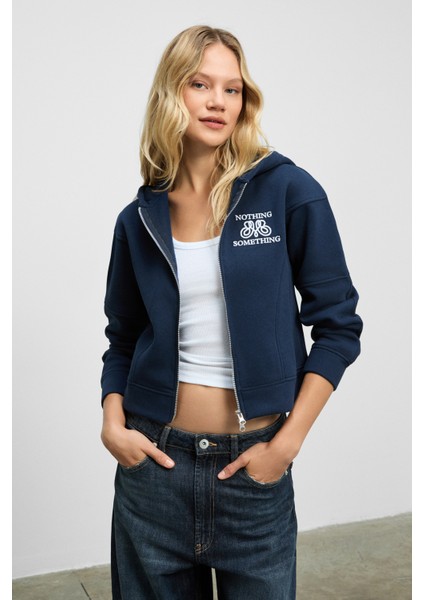 ROBINA Kadın Şardonlu Kapüşonlu Nakış Detaylı Lacivert Sweatshirt