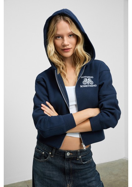 ROBINA Kadın Şardonlu Kapüşonlu Nakış Detaylı Lacivert Sweatshirt fiyatları