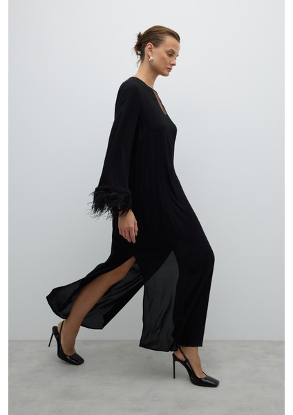 Yırtmaçlı Kolları Otriş Detaylı Elbise Siyah K2511030_001