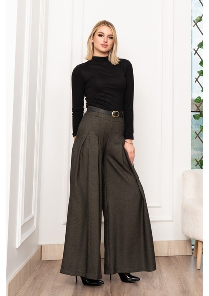Dikiş Pileli Bol Paça Kemerli Pantolon 30183