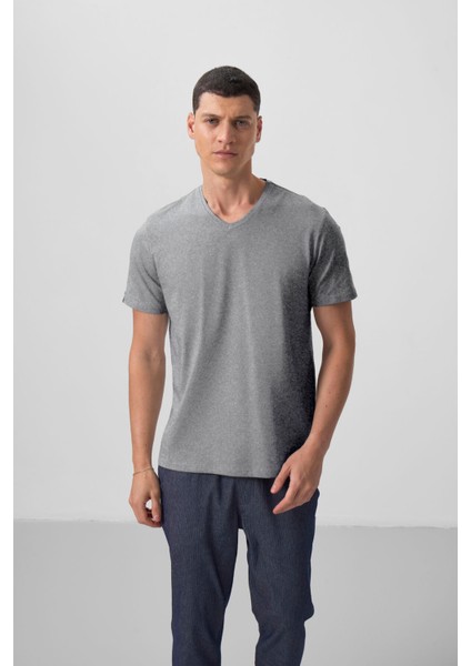Gri Melanj Basic Kısa Kol Standart Kalıp V Yaka Erkek T-Shirt - 87912