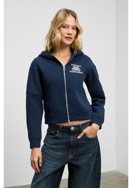 ROBINA Kadın Şardonlu Kapüşonlu Nakış Detaylı Lacivert Sweatshirt fırsatları