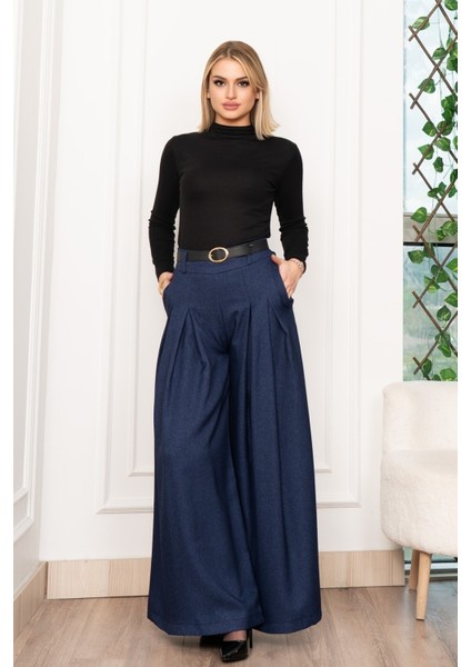 Dikiş Pileli Bol Paça Kemerli Pantolon 30183