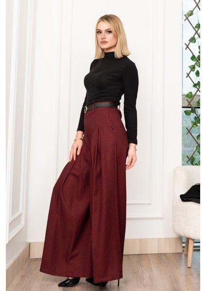 Dikiş Pileli Bol Paça Kemerli Pantolon 30183 modelleri