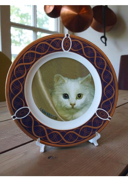 Vintage Maghsoud Porselen Van Kedisi Desenli Altın Yaldızlı Dekoratif Tabak & 25 cm