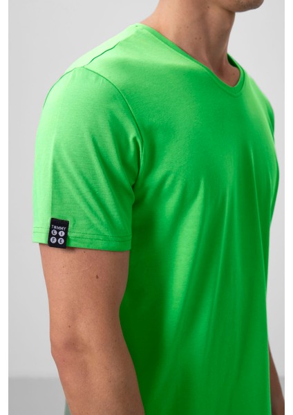 Neon Yeşil Basic Kısa Kol Standart Kalıp V Yaka Erkek T-Shirt - 87912 fırsatları