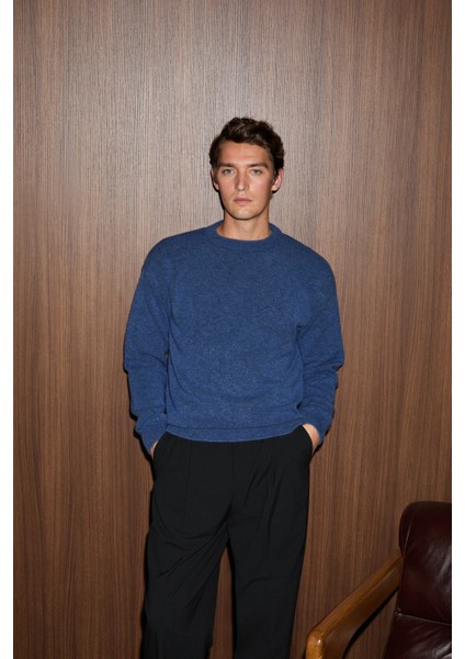 Tromso Erkek Relaxed Fit Bisiklet Yaka Sıcak Tutan Triko Indigo Kazak