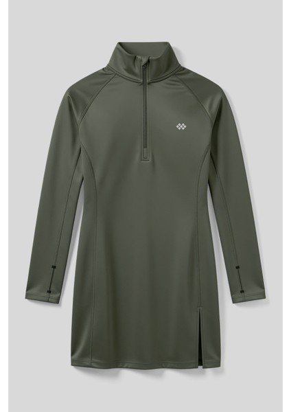 Haki Yarım Fermuarlı Dik Yaka Standart Kalıp Kadın Sporcu Tunik - 97309