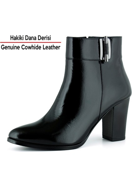 Siyah Rugan Hakiki Dana Derisi Tokalı Fermuarlı Sivri Burun Kalın Topuklu Günlük Bot fiyatları