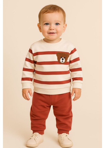 Çizgili Punch Ayıcık Omuzdan Çıtçıtlı Bebek Takımı 2li Alt Üst Mevsimlik Aylık 3-6-9-12AY