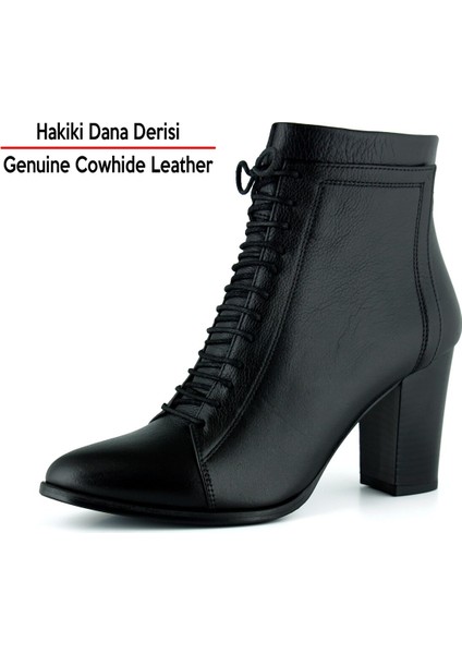 Siyah Hakiki Dana Derisi Bağcıklı Fermuarlı Sivri Burun Kalın Topuklu Günlük Bot fiyatları