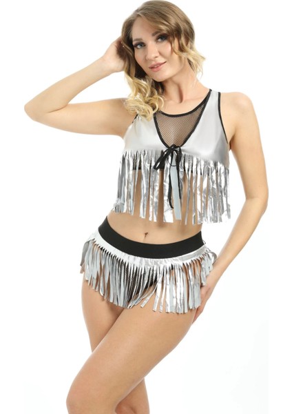 Gri Deri ( Lame ) Püsküllü Gecelik - 428