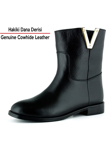 Siyah Hakiki Dana Derisi Metal Detaylı Fermuarlı Yuvarlak Burun Kalın Topuklu Günlük Bot fiyatları