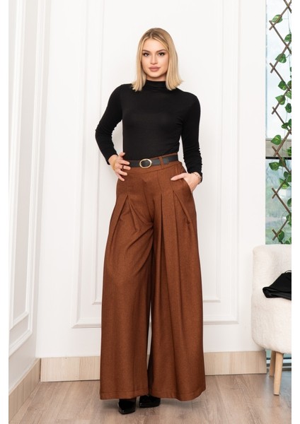 Dikiş Pileli Bol Paça Kemerli Pantolon 30183