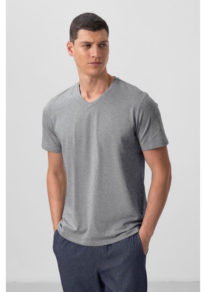 Gri Melanj Basic Kısa Kol Standart Kalıp V Yaka Erkek T-Shirt - 87912 modelleri