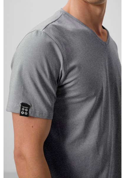 Gri Melanj Basic Kısa Kol Standart Kalıp V Yaka Erkek T-Shirt - 87912 fırsatları