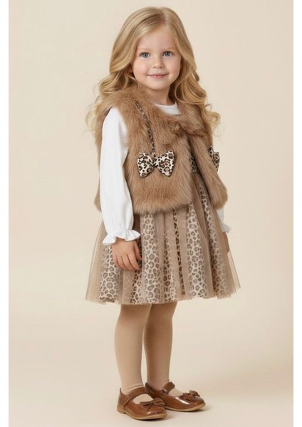 Kürklü Fiyonk Detaylı Leopar Tüllü Premium Kız Bebe elbise takım- Kahve