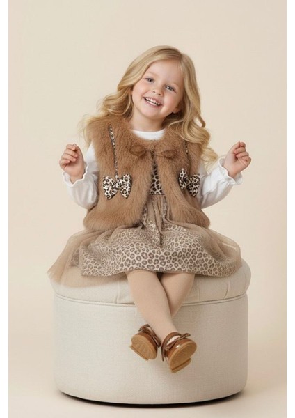 Kürklü Fiyonk Detaylı Leopar Tüllü Premium Kız Bebe elbise takım- Kahve fiyatları
