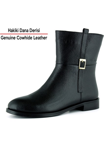Siyah Hakiki Dana Derisi Tokalı Fermuarlı Yuvarlak Burun Kalın Topuklu Günlük Bot fiyatları