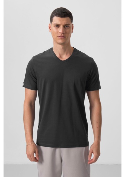 Antrasit Basic Kısa Kol Standart Kalıp V Yaka Erkek T-Shirt - 87912