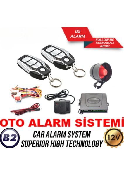 B2 Alarm Follow Me Kumandalı 12V Krom Araç Alarm Sistemi