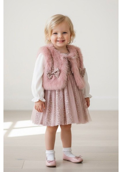 Kürklü Fiyonk Detaylı Leopar Tüllü Premium Kız Bebe elbise takım- Pembe
