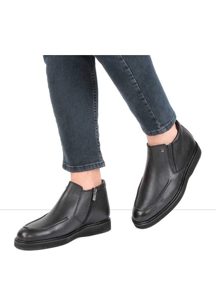 Erkek Siyah Kürklü Fermuarlı Deri Bot