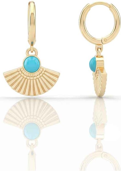 Yelpaze Firuzeli Sallantılı Altın Küpe