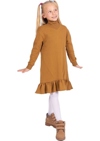 Organik Eteği Fırfırlı Açık Kahve Kışlık Kız Çocuk Elbise