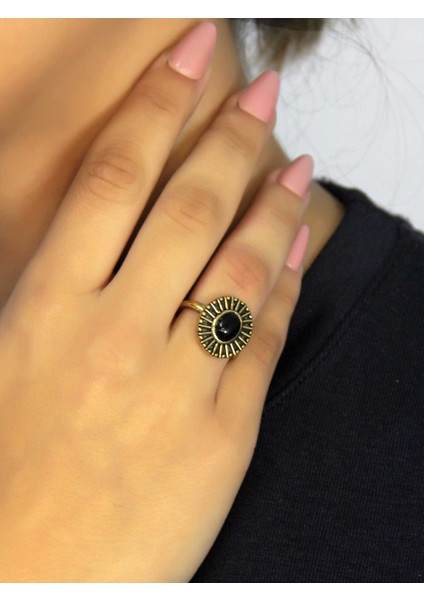 Doğal Taş Oniks Doğal Taşlı Antik Model Kadın Ayarlanabillir Yüzük EUY74O