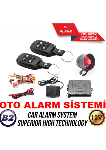 B2 Alarm Follow Me Kumandalı 12V Siyah Kemerli Araç Alarm Sistemi