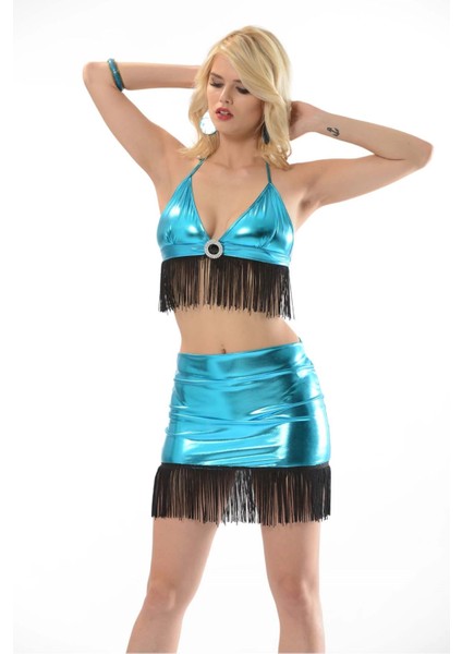 Turkuaz Deri ( Lame ) Püsküllü Gecelik - 472 modelleri