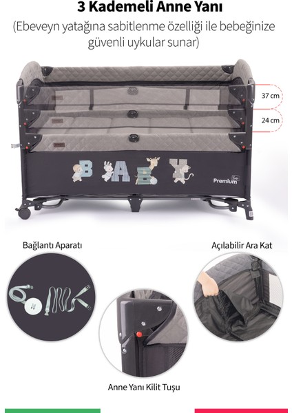 Premium Anne Yanı Oyun Parkı 70*120 cm Gri + Yatak modelleri