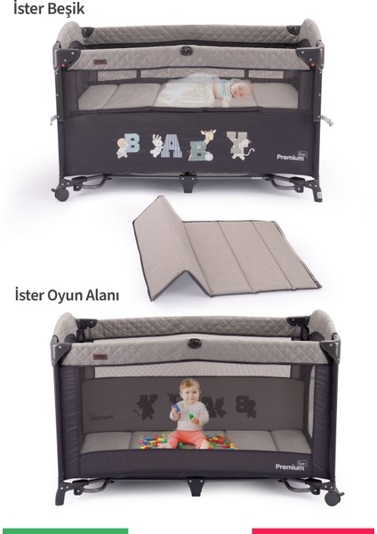 Premium Anne Yanı Oyun Parkı 70*120 cm Gri + Yatak