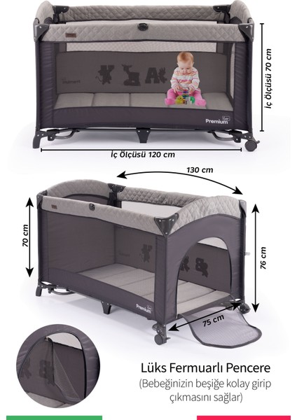 Premium Anne Yanı Oyun Parkı 70*120 cm Gri + Yatak