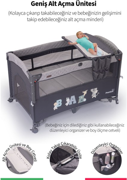 Premium Anne Yanı Oyun Parkı 70*120 cm Gri + Yatak