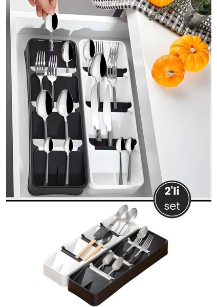 2 Adet 4 Bölmeli Kaşıklık, Çatal Kaşık Bıçak Kepçe Sofra Gereçleri Çekmece Içi Düzenleyici 2’li Set