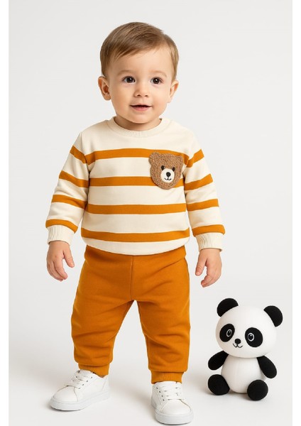 Çizgili Punch Ayıcık Omuzdan Çıtçıtlı Bebek Takımı 2li Alt Üst Mevsimlik Aylık 3-6-9-12AY