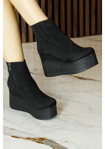 Chione Siyah Süet Kürk Astarlı Fermuarlı Yuvarlak Burun Gizli Dolgu Topuklu Bot