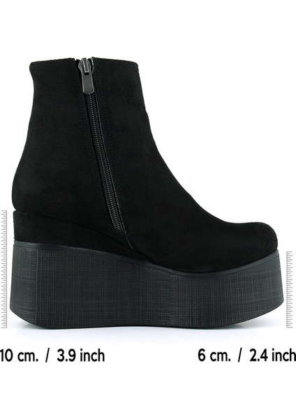 Chione Siyah Süet Kürk Astarlı Fermuarlı Yuvarlak Burun Gizli Dolgu Topuklu Bot fiyatları