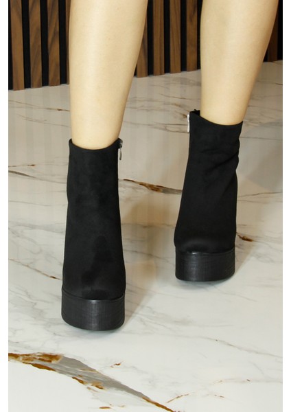 Chione Siyah Süet Kürk Astarlı Fermuarlı Yuvarlak Burun Gizli Dolgu Topuklu Bot modelleri